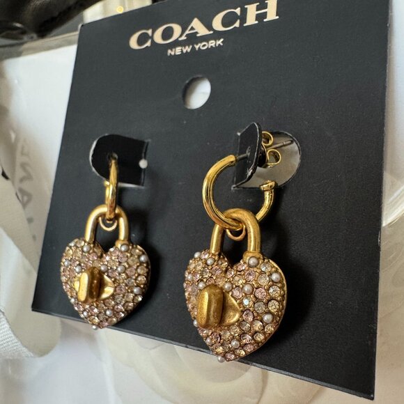 Coach Heart Turnlock Pavé Huggie Earrings (Gold/Pink Multi) - NWT - Picture 5 of 9